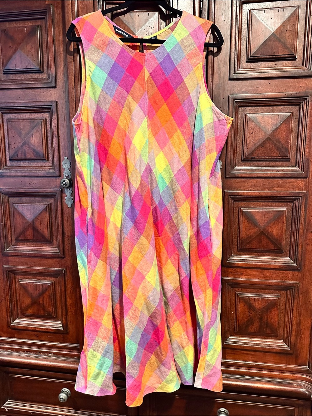2X LINEN 20W 22W Lands' End BRIGHT Multicolor Plaid Sundress POCKETS sleeveless